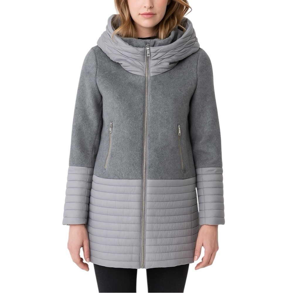 SOIA & KYO Grey Avery Mixed-Media Wool and Puffer Long Coat‎